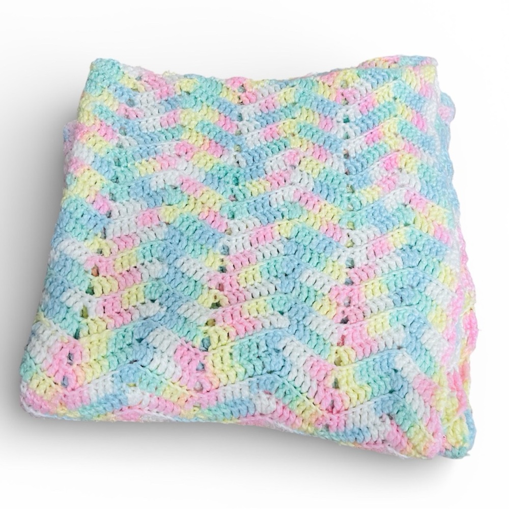 Afghan Baby Blanket Throw  Pastel Rainbow Approx. 55”x 31” Handmade
